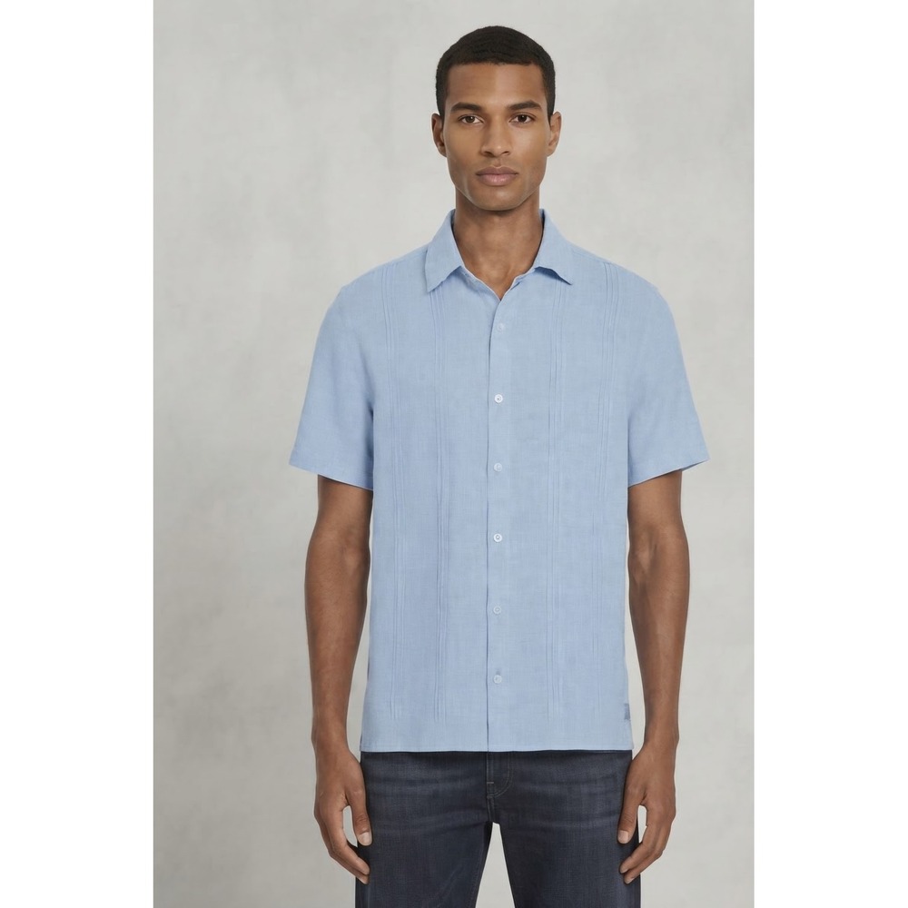Scotch & Soda Mens Linen Blend Short Sleeve Pintuck Shirt Blue Large 1860911